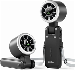 Grå foldbar håndholdt ventilator med LED display og rem